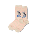 Pink socks with cat illustrations and 'Feline Myself' text on a white background