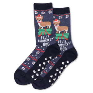 Pair of socks with festive design featuring dogs and text on a white background