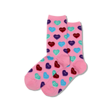 Pink socks with colorful heart candy patterns on a white background