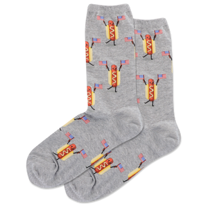 Gray socks with hot dog and flag pattern on a white background