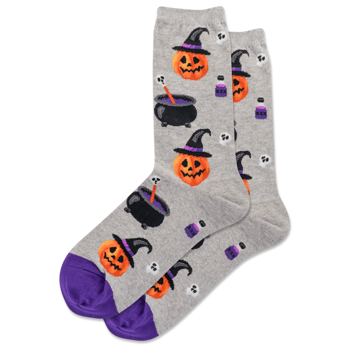 Gray socks with Halloween-themed designs on a white background