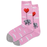 A pair of pink crew socks with a pattern of white clouds, an elephant, and a heart-shaped balloon. thumbnail