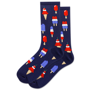 Navy blue socks with ice cream and popsicle pattern on a white background