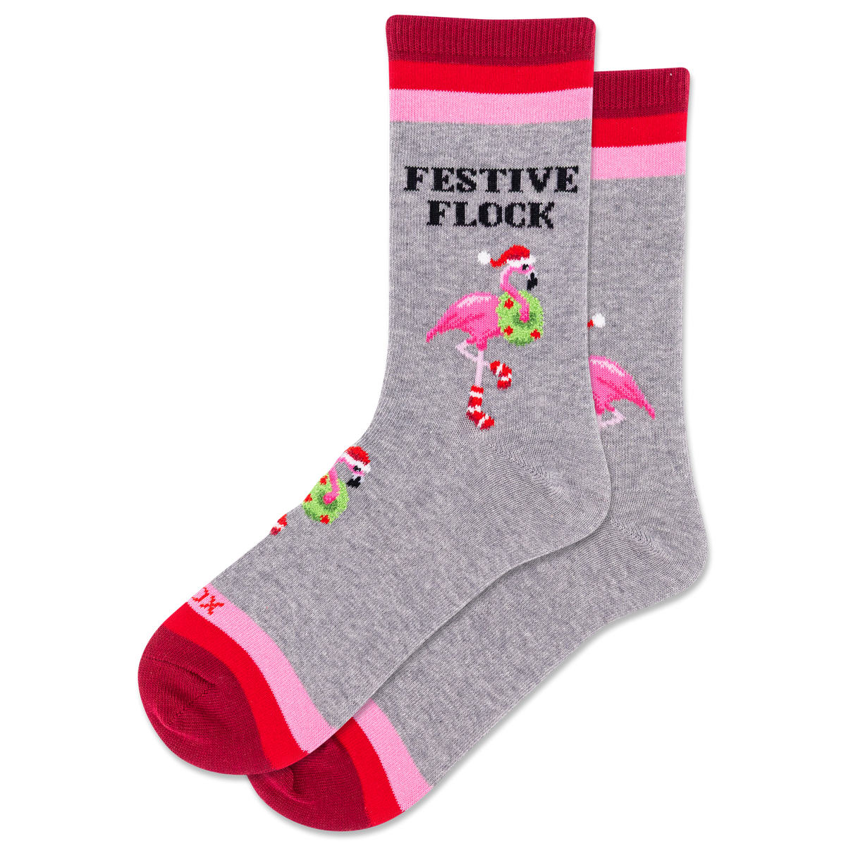 Gray socks with festive flamingo design and red accents on a white background