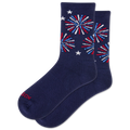 Navy socks with red, white, and blue fireworks design on a white background