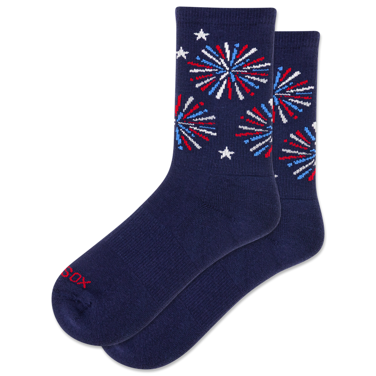 Navy socks with red, white, and blue fireworks design on a white background