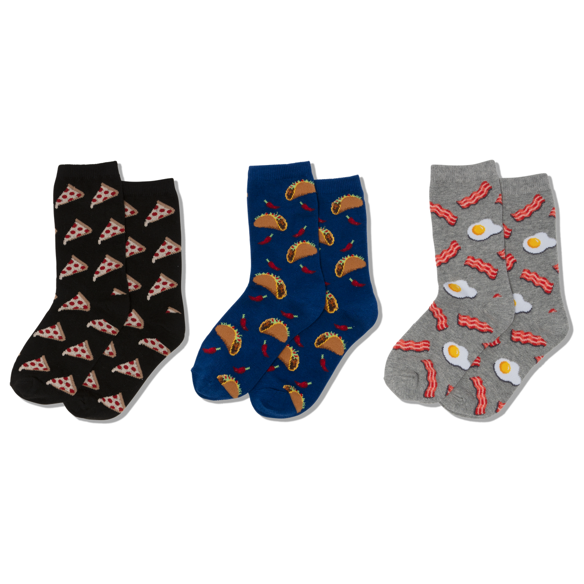 Three pairs of socks with different food patterns on a white background
