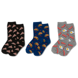 Three pairs of socks with different food patterns on a white background