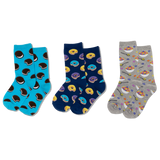 Three pairs of socks with different food patterns on a white background