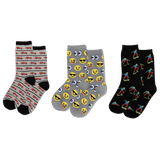 Three pairs of socks with cars, smiley faces and skateboard patterns on a white background