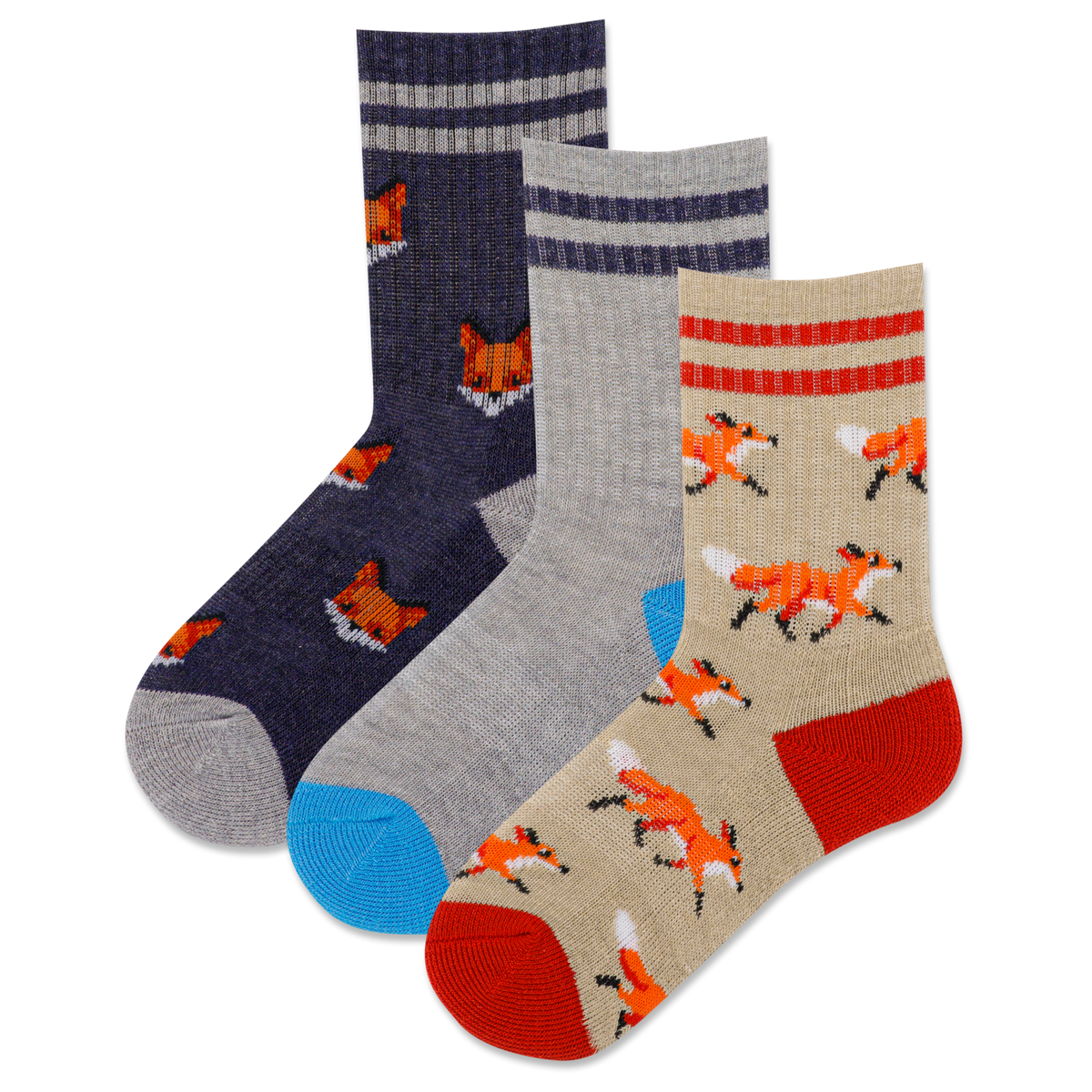 Three pairs of socks with fox patterns on a white background