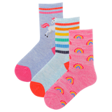 Three pairs of colorful socks with different patterns on a white background