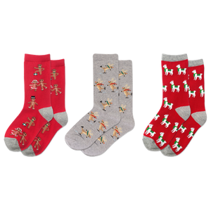 Three pairs of socks with different patterns on a white background