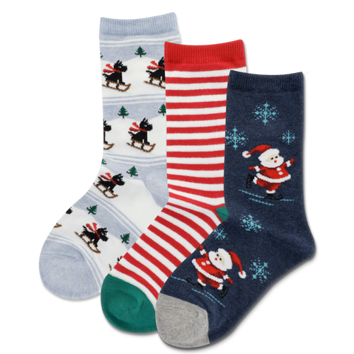 Three pairs of Christmas-themed socks on a white background