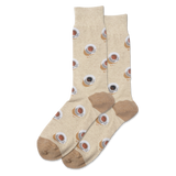 A pair of beige crew socks with a coffee cup pattern thumbnail