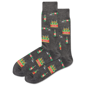 Dark gray socks with beer bottle and glass pattern on a white background