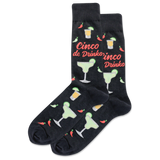 Black socks with cocktail-themed design and 'Cinco de Drinko' text on a white background