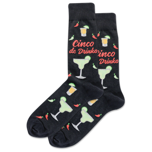 Black socks with cocktail-themed design and 'Cinco de Drinko' text on a white background