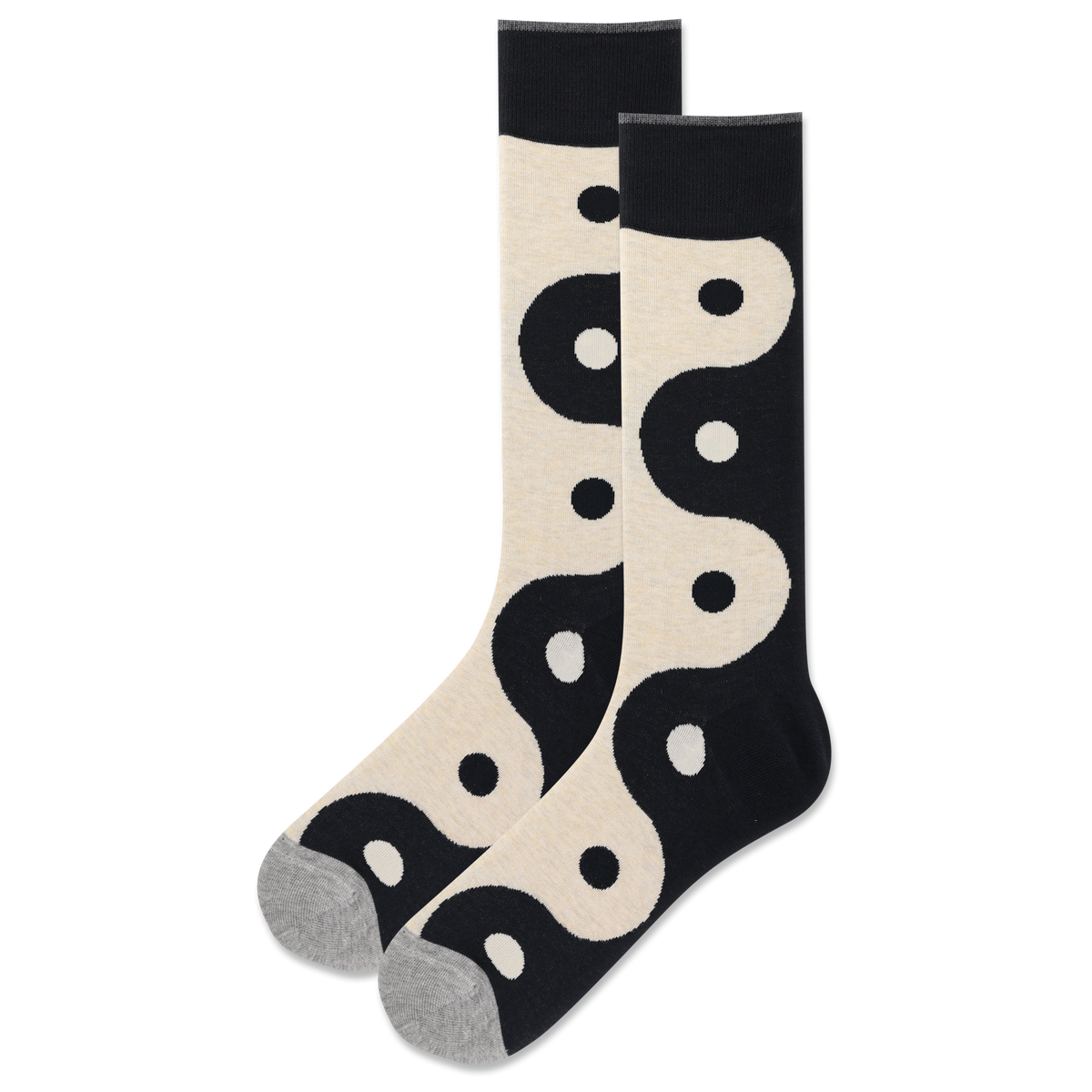 Pair of socks with black and white pattern on a white background