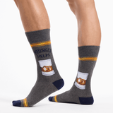 Gray socks with whiskey graphic and text on a white background