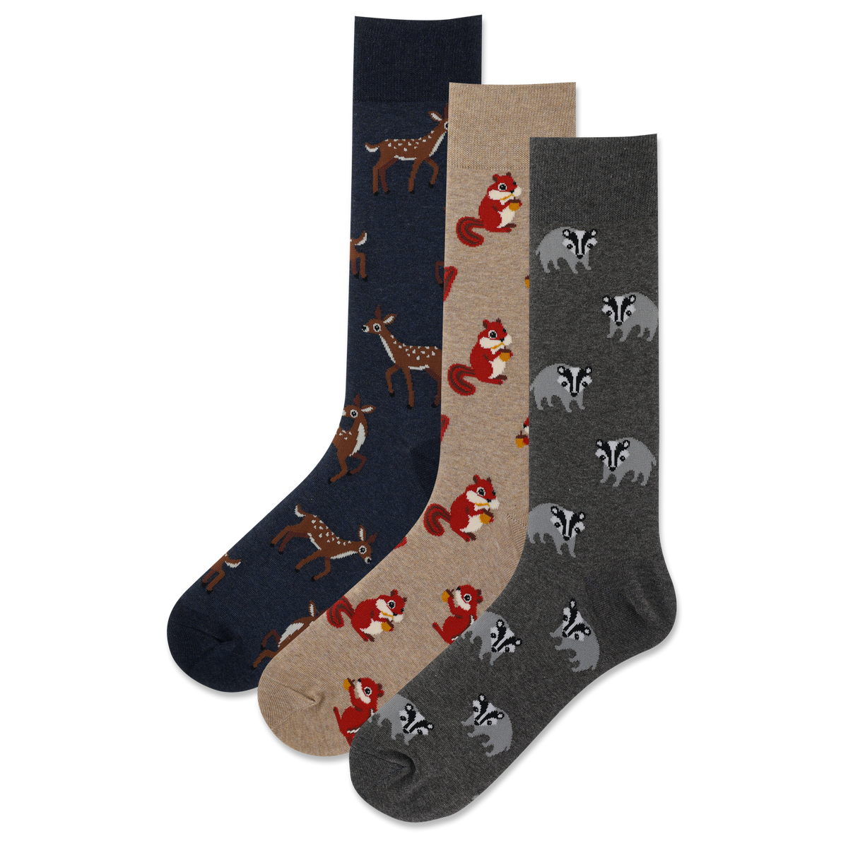 Three pairs of socks with animal patterns on a white background