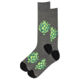 Gray socks with green artichoke design on a white background