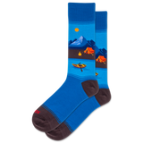 Blue socks with camping design on a white background thumbnail