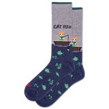 Pair of socks with cat and fish design on a white background thumbnail
