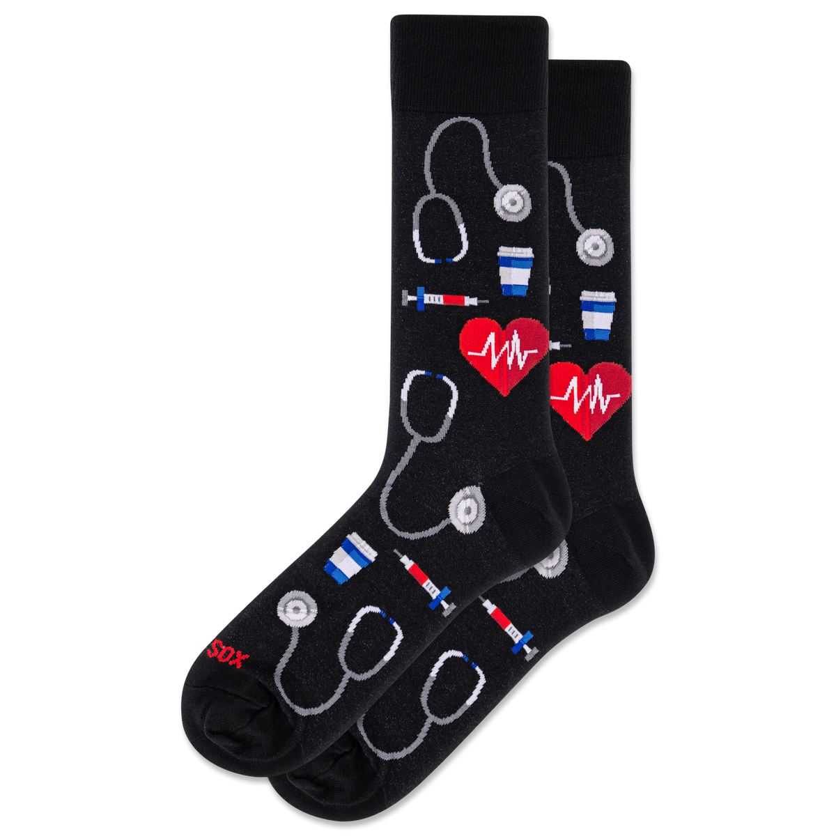 Black socks with medical-themed designs on a white background