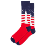 Red, white, and blue socks with Statue of Liberty design on a white background