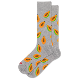 Gray socks with orange and green papaya pattern on a white background