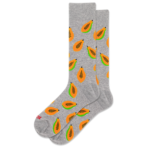 Gray socks with orange and green papaya pattern on a white background