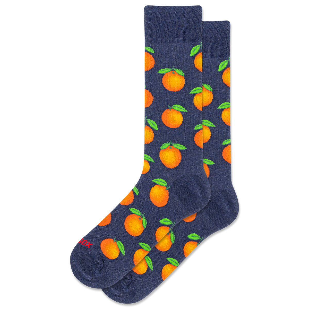 Navy socks with orange pattern on a white background