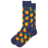 Navy socks with orange pattern on a white background