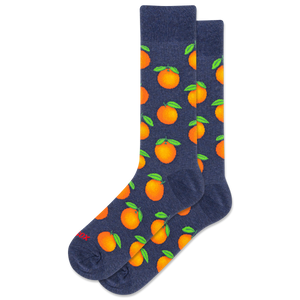 Navy socks with orange pattern on a white background