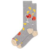 Gray socks with shrimp cocktails and orange slice designs on a white background