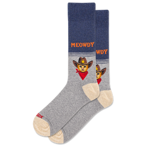 Gray socks with a cat design and 'MEOWDY' text on a white background