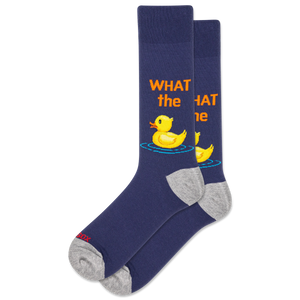 Navy blue socks with a yellow duck and text on a white background