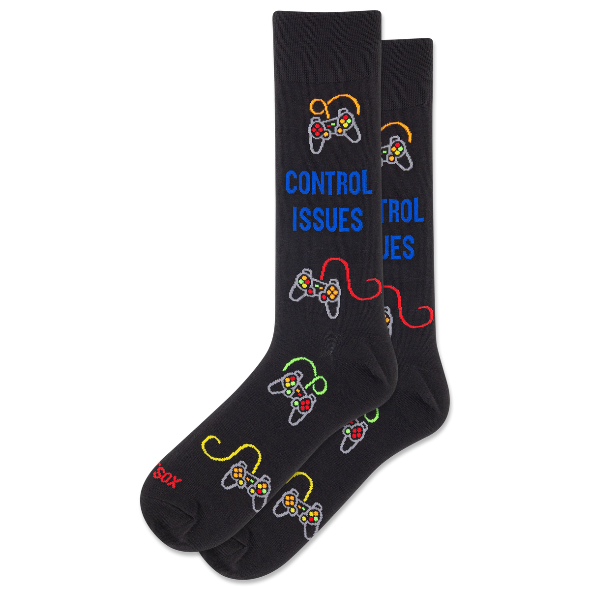 Black socks with gaming controller designs and text on a white background