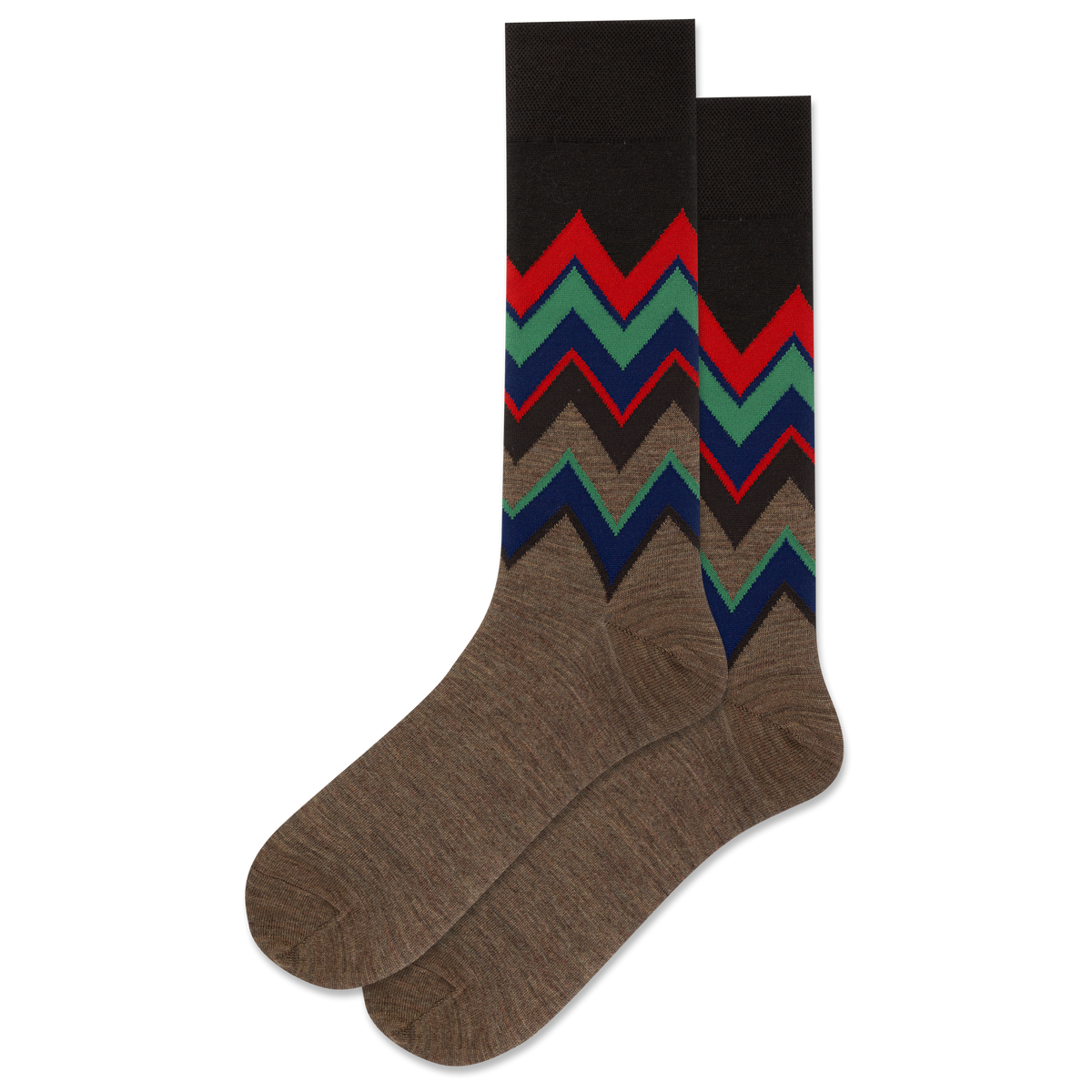 Brown socks with colorful zigzag pattern on a white background