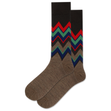Brown socks with colorful zigzag pattern on a white background