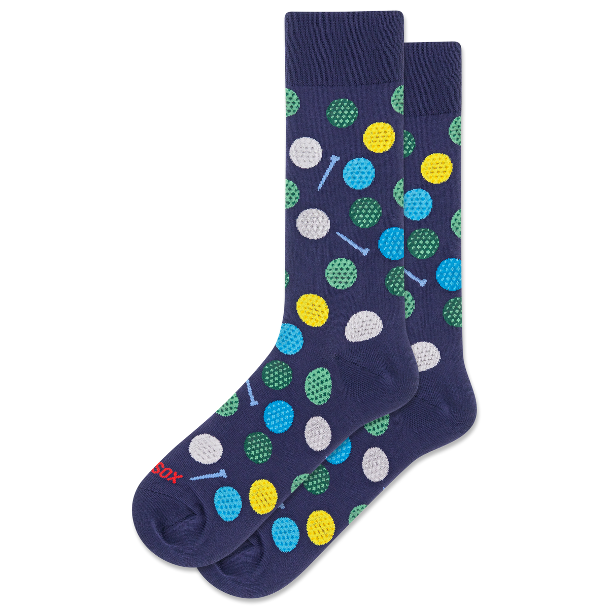 Navy blue socks with colorful golf ball pattern on a white background