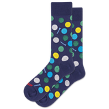 Navy blue socks with colorful golf ball pattern on a white background thumbnail