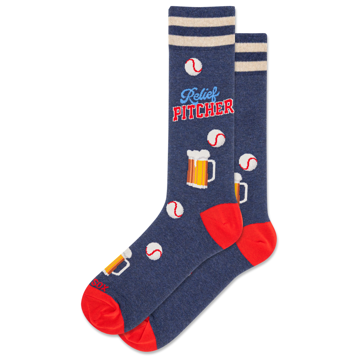Blue socks with red accents and baseball-themed graphics on a white background