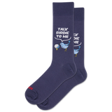 Navy blue socks with bird design and 'Talk Birdie to Me' text on a white background