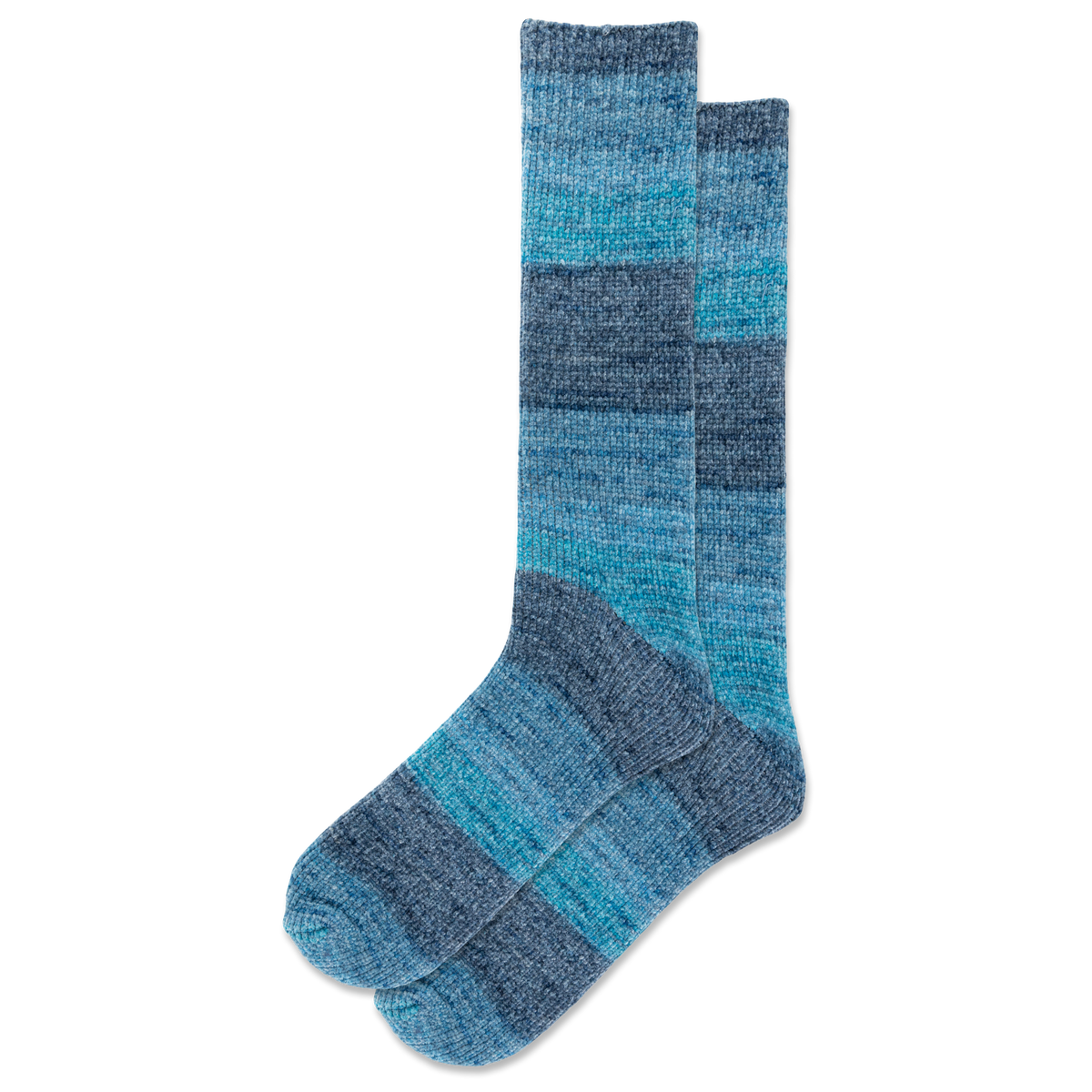 A pair of striped socks in blue on a gray background