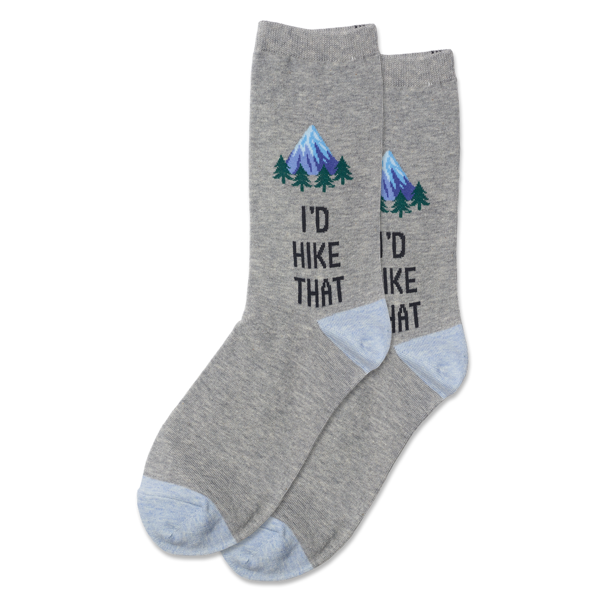Gray socks with mountain and tree design and text 'I'd Hike That' on a white background