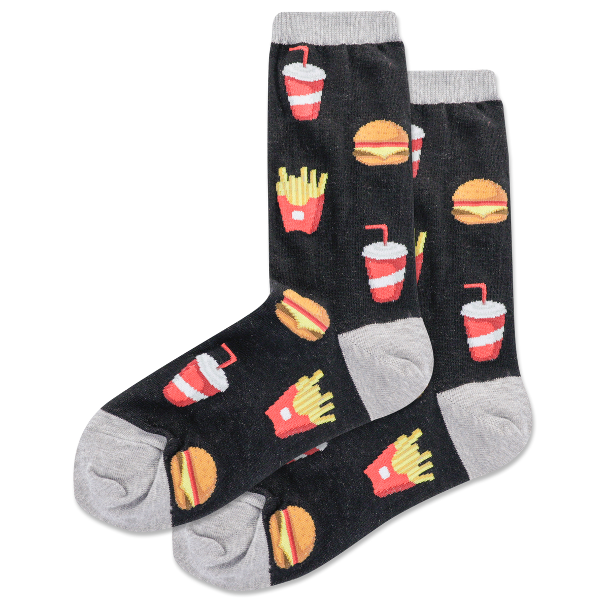 Black socks with fast food pattern on a white background