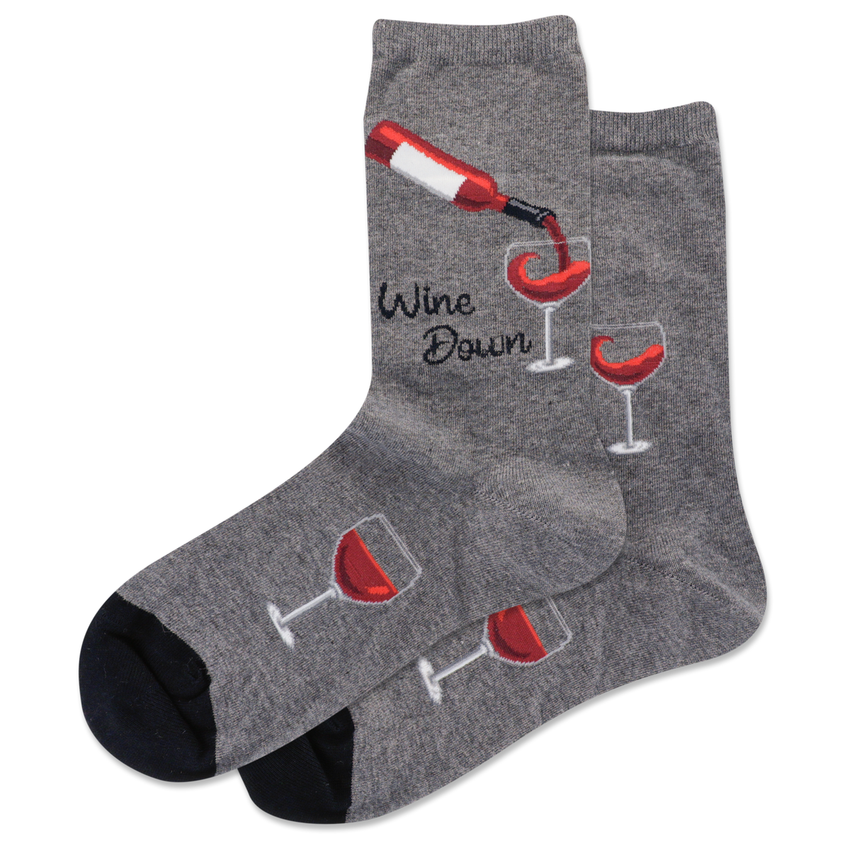Gray socks with wine-themed design on a white background