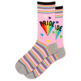 Pink socks with rainbow stripes and 'PRIDE' text on a white background